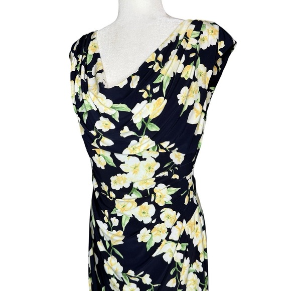 Lauren Ralph Lauren Womens 14 Navy Yellow Floral Cowl-Neck Jersey Dress Ruched - Picture 3 of 10